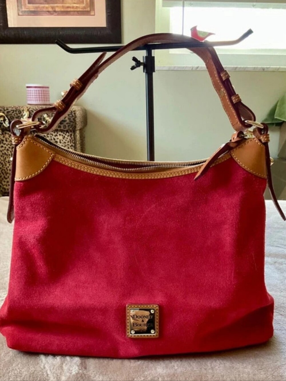 Dooney & Bourke Red Suede Shoulder Bag with Brown Leather Trim EUC